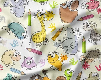 Cartoon Animals Cotton Fabric by the Yard Fun Animal with Pencils and Handprints Design for Kids Sewing, Quilting, Bedding, and DIY Projects