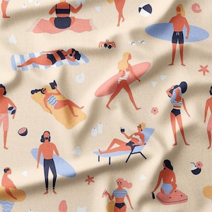 Fabric by the Yard – Summer Beach Scene with Surfers and Sunbathers, Available in Cotton, Linen, Bamboo & More – Perfect for DYI, Home Decor