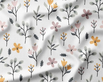 Cotton Fabric by the Yard Minimalist Floral Print on White, Available in Cotton, Linen, Bamboo & More - Perfect for Clothing, Home Decor