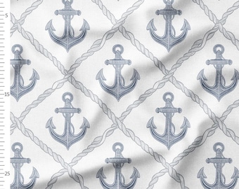 Cotton Fabric by the Yard – Nautical Anchors in Rope Lattice – Coastal Blue Pattern