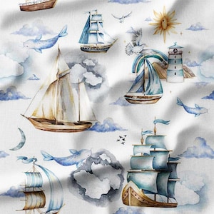 Nautical Ships and Narwhals Cotton Fabric by the Yard, Perfect for Quilting, Kids&#39; Clothing, and Baby Bedding
