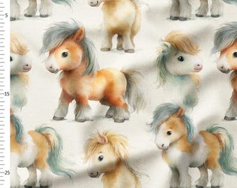 Cotton Fabric by the Yard, Pastel Ponies Pattern, Cream Background Watercolor Mini Horses