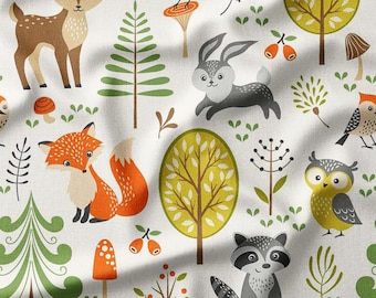 Forest Animals and Trees on Cream Cotton Fabric by the Yard – Cute Woodland Design for Kids' Quilting, Sewing, and Nursery Decor