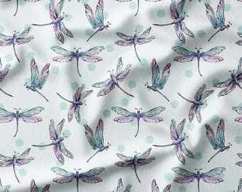 Pastel Blue and Purple Dragonflies on Light Blue Cotton Fabric by the Yard - Whimsical Insect Design for Quilting, Sewing and Craft Projects