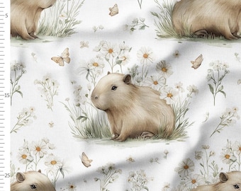 Cotton Fabric by the Yard – Capybara with Daisies and Butterflies on White – Woodland Nursery Pattern