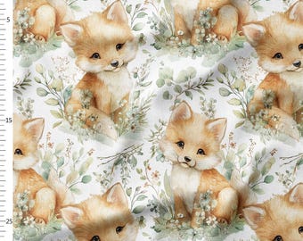 Cotton Fabric by the Yard, Baby Foxes with Eucalyptus Leaves, Woodland Watercolor on White