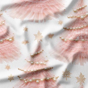 Elegant Pink Christmas Trees with Pearls and Snowflakes on White Cotton Fabric by the Yard - Perfect for Holiday Quilting, Pillows, Crafts