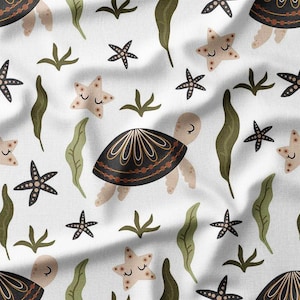 Cotton Fabric by the Yard - Adorable Turtles, Starfish, and Seaweed on White Background - Perfect for Kids&#39; Quilting, Sewing