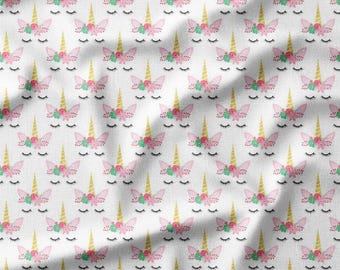 Cotton Fabric by the Yard - Unicorn Faces with Pink Bows and Lashes on White, Perfect for Quilting, Sewing, and Kids' Projects