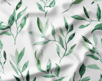 Fabric by the Yard - Green Watercolor Leaves on White Background, Perfect for Quilting, Sewing, and Home Decor Projects