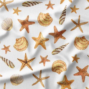 Cotton Fabric by the Yard - Starfish and Seashells on White Background - Perfect for Beach Quilting, Sewing, and Home Decor