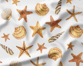 Cotton Fabric by the Yard - Starfish and Seashells on White Background - Perfect for Beach Quilting, Sewing, and Home Decor