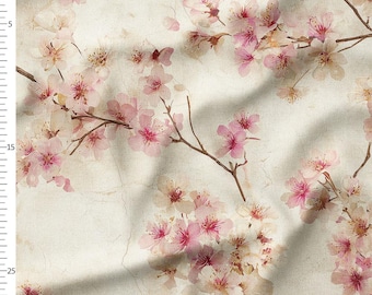 Cotton Fabric by the Yard – Cherry Blossom Sprigs in Blush – Romantic Floral Pattern