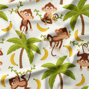 Cotton Fabric by the Yard - Playful Monkeys with Bananas and Palm Trees on Light Beige, Perfect for Kids' Quilting, Baby Apparel, DIY Crafts