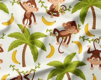 Cotton Fabric by the Yard - Playful Monkeys with Bananas and Palm Trees on Light Beige, Perfect for Kids&#39; Quilting, Baby Apparel, DIY Crafts