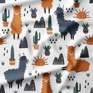 Cute Llamas with Cacti, Suns, and Mountains Cotton Fabric by the Yard Perfect for Quilting, Bedding, Curtains, and DIY Crafts