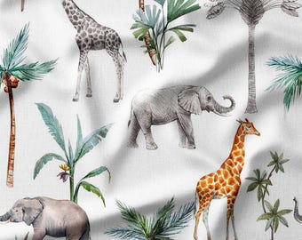 Safari Animals and Palm Trees Watercolor Cotton Fabric by the Yard - Exotic and Natural Design for Quilting, Sewing, and Home Decor