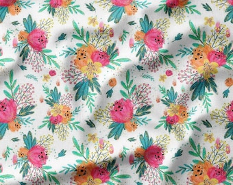 Bright Pink and Orange Flowers with Green Leaves on White Cotton Fabric by the Yard - Vibrant Floral Design for Quilting, Sewing, and Crafts