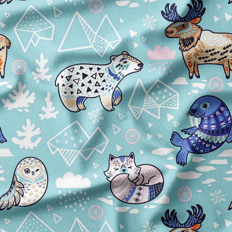Cute Arctic Animals on Blue Cotton Fabric by the Yard - Polar
