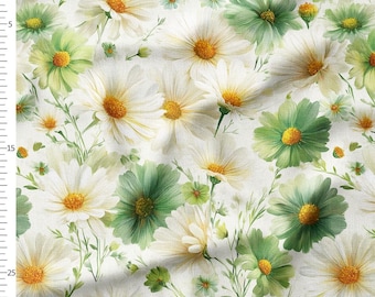 Cotton Fabric by the Yard, White Daisies and Sage Green Flowers, Airy Meadow Botanical