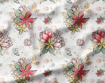 Cotton Fabric by the Yard - Watercolor Vanilla Flowers Floral Bouquet on White, Perfect for Quilting, Sewing, and Home Decor Projects