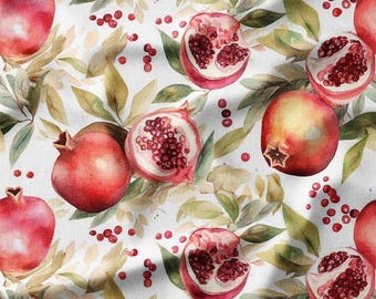 Pomegranates and Green Leaves on White Cotton Fabric by the Yard - Fresh Fruit Design for Quilting, Sewing, and Craft Projects