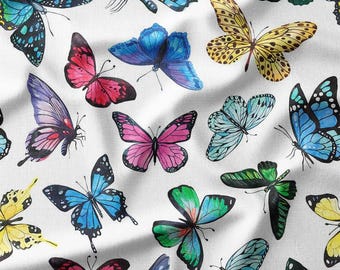 Cotton Fabric by the Yard - Vibrant Butterflies on White Background, Perfect for Spring Dresses, Quilting, and Home Decor