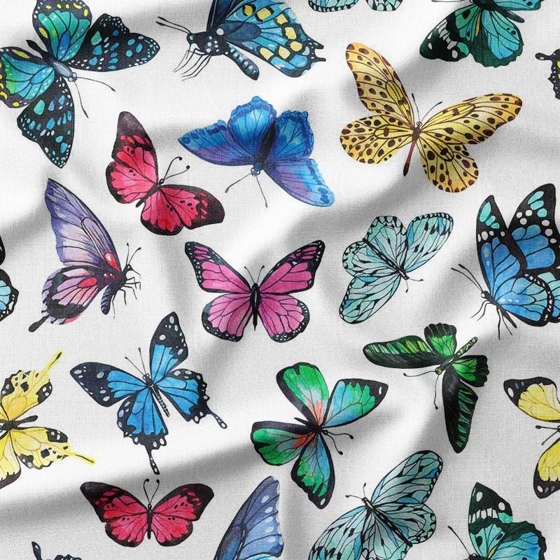Cotton Fabric by the Yard - Vibrant Butterflies on White Background, Perfect for Spring Dresses, Quilting, and Home Decor