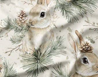 Adorable Bunnies with Pinecones and Pine Branches on Cream Cotton Fabric by the Yard - Perfect for Christmas Quilting, Pillows, and Crafts