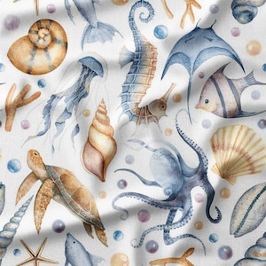 Underwater Sea Creatures and Shells Watercolor Cotton Fabric by the Yard - Ocean-Inspired Design for Quilting, Sewing, and Beach Decor