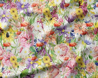 Colorful Wildflower Garden with Roses, Daisies, and Poppies on White Cotton Fabric by the Yard - Vibrant Floral Design for Quilting, Sewing