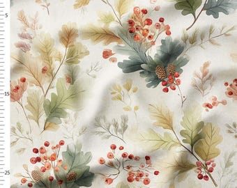 Christmas Cotton Fabric by the Yard – Green Leaves with Red Berries – Winter Botanical Pattern