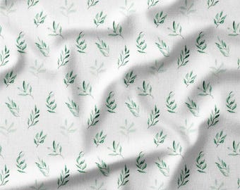 Cotton Fabric by the Yard - Green Watercolor Leaves on White Background, Ideal for Sewing, Quilting, Home Decor, and Crafts