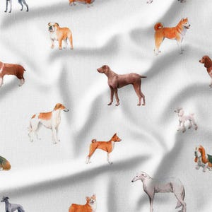 Cotton Fabric by the Yard - Watercolor Dog Breeds on White Background, Ideal for Pet-Themed Projects, Quilting, and DIY Crafts