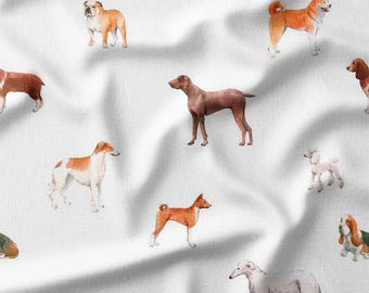 Cotton Fabric by the Yard - Watercolor Dog Breeds on White Background, Ideal for Pet-Themed Projects, Quilting, and DIY Crafts