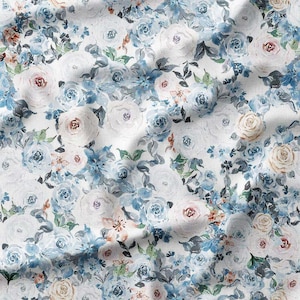 Fabric by the Yard - Blue and White Watercolor Roses on Light Background, Perfect for Sewing, Quilting, and Crafting Projects