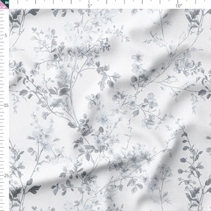 Cotton Fabric by the Yard – Toile Branches with Leaves & Buds, Printed Cotton (5 Colors: Red, Blue, Beige, Green, Gray)