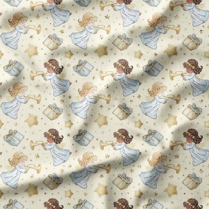 Angels and Stars Cotton Fabric by the Yard Christmas Angels with Trumpets and Gifts Design for Sewing, Quilting, Bedding, and DIY Projects