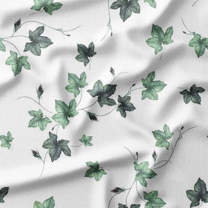 Green Ivy Vines with Buds on White Cotton Fabric by the Yard - Elegant Botanical Design for Quilting, Sewing, Curtains, Bedding