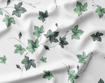 Green Ivy Vines with Buds on White Cotton Fabric by the Yard - Elegant Botanical Design for Quilting, Sewing, Curtains, Bedding