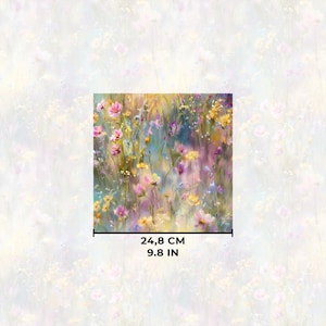 The image is a square photograph of a field of colorful wildflowers, with a measurement scale indicating it is 24.8 cm (9.8 inches) wide and tall.