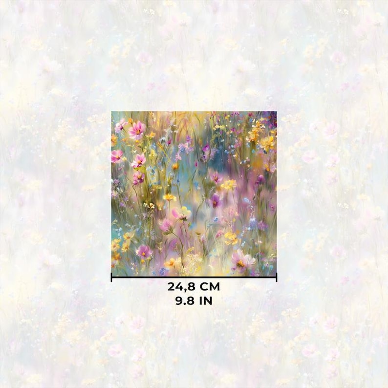 The image is a square photograph of a field of colorful wildflowers, with a measurement scale indicating it is 24.8 cm (9.8 inches) wide and tall.