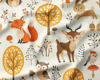 Woodland Animals and Trees on Cream Cotton Fabric by the Yard – Cute Forest Design for Kids' Quilting, Sewing, and Nursery Decor