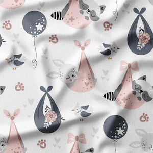 Cotton Fabric by the Yard – Adorable Sleeping Animals with Balloons and Birds, Available in Cotton, Linen, Bamboo, Viscose, Musslin