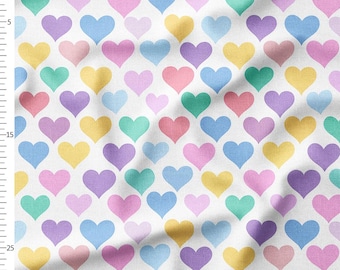 Cotton Fabric by the Yard, Pastel Rainbow Hearts, White Background Love Pattern