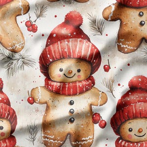Gingerbread Men in Red Winter Hats with Pine Branches on White Cotton Fabric by the Yard - For Christmas Quilting, Pillows, and Crafts