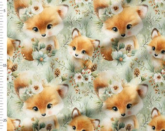 Cotton Fabric by the Yard, Woodland Fox with Flowers and Pinecones, Soft Sage Watercolor Nursery