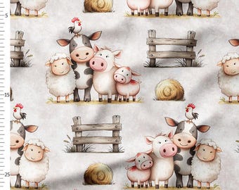 Cotton Fabric by the Yard – Farm Animals with Fence and Hay Bales – Rustic Kids Pattern
