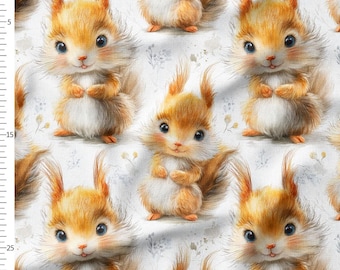Cotton Fabric by the Yard, Fluffy Baby Squirrel, White Background Soft Watercolor Woodland