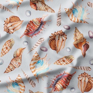 Fabric by the Yard - Realistic Conch Shells and Pebbles on White Background - Perfect for Quilting, Sewing, and Coastal-Inspired Home Decor